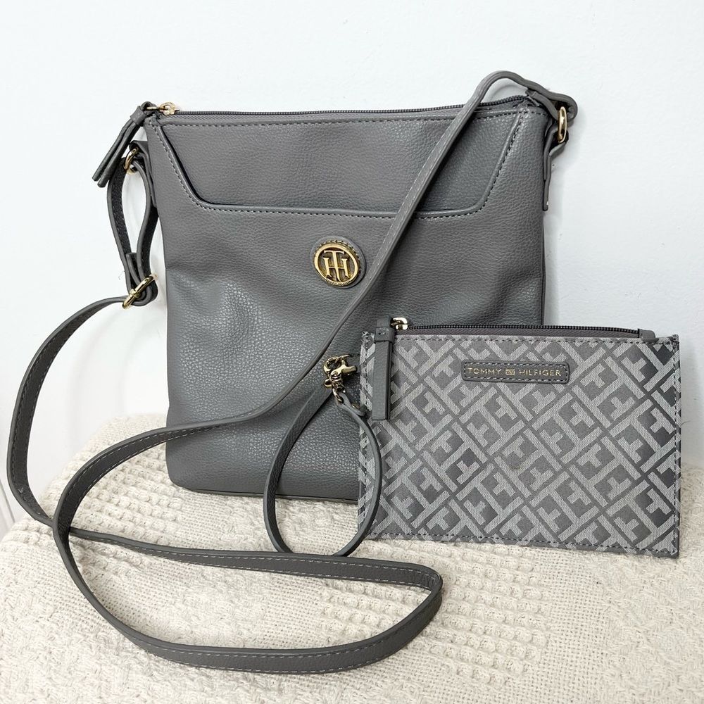 Tommy Hilfiger Crossbody Purse and Wristlet Gray Faux Vegan Leather
